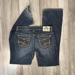 Y2K Hydraulic Bootcut Jeans Dark Wash Distressed Flare Low Rise Flap Embroidered